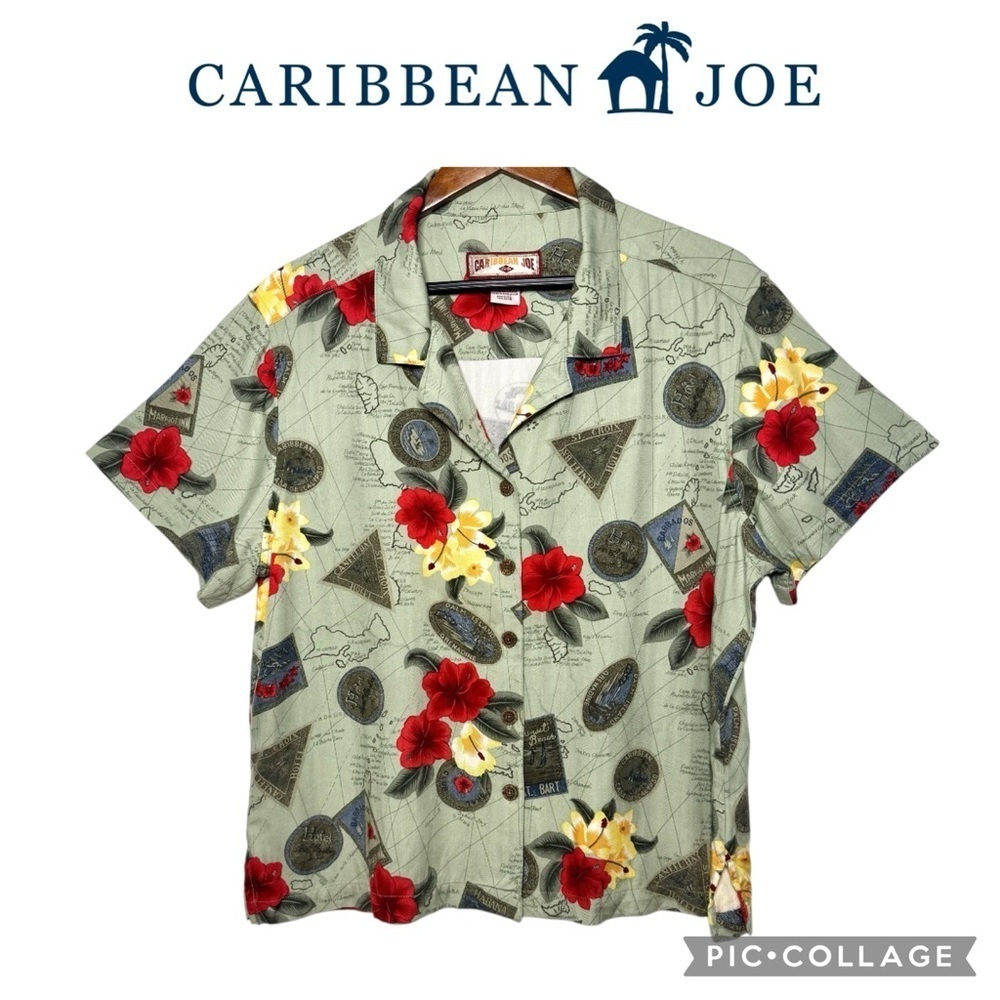 Caribbean Joe Women Green red Hibiscus Hawaiian tropical Shirt size XL NWT $59